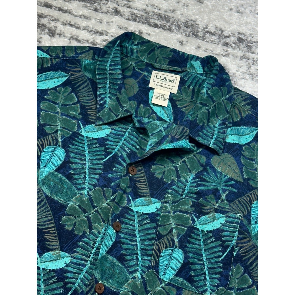 L.L. Bean Button Down Shirt Mens Large Blue Green Tropical Leaf Traditional Fit